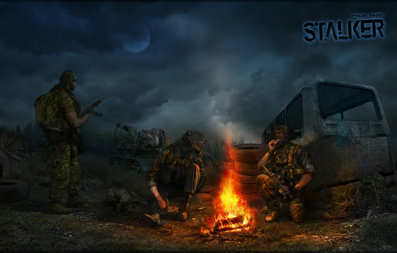Photo wallpaper night, soldiers, tractor, bus, Stalker, area