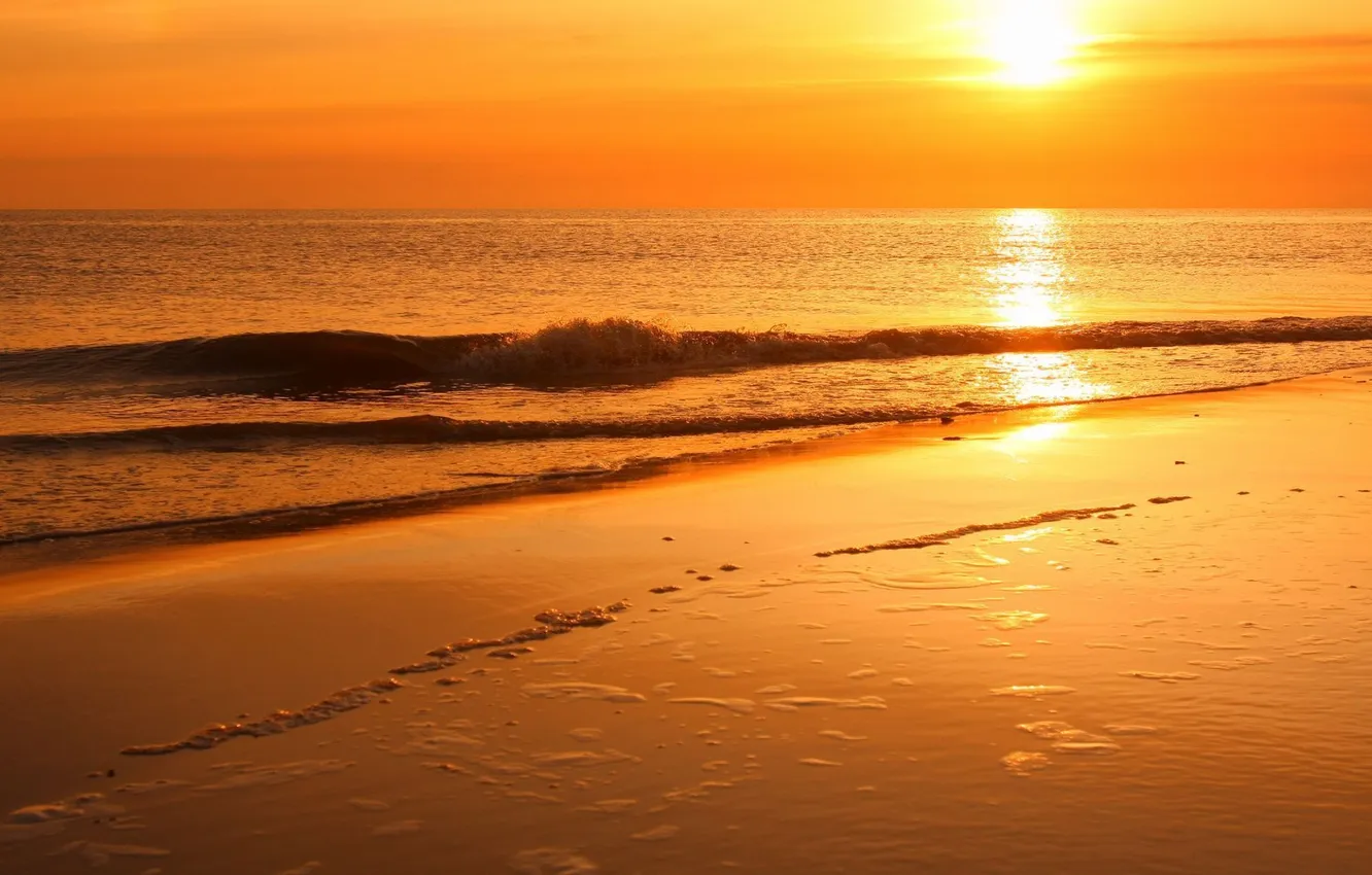Photo wallpaper sand, sea, wave, foam, the sun, rays, light, sunset