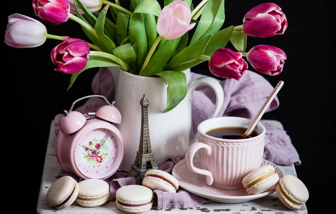 Photo wallpaper tea, watch, tulips, macaroon