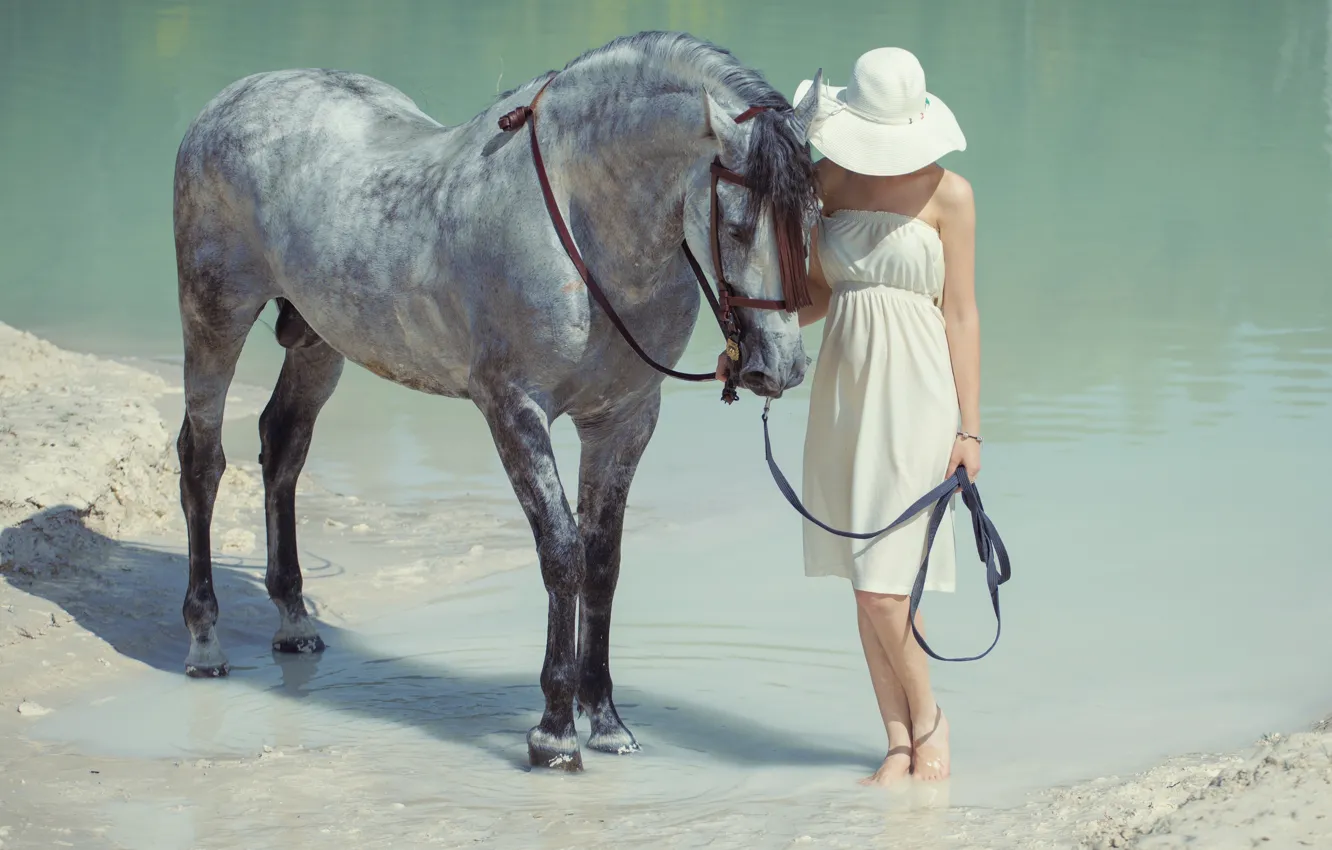 Photo wallpaper water, girl, horse, hat