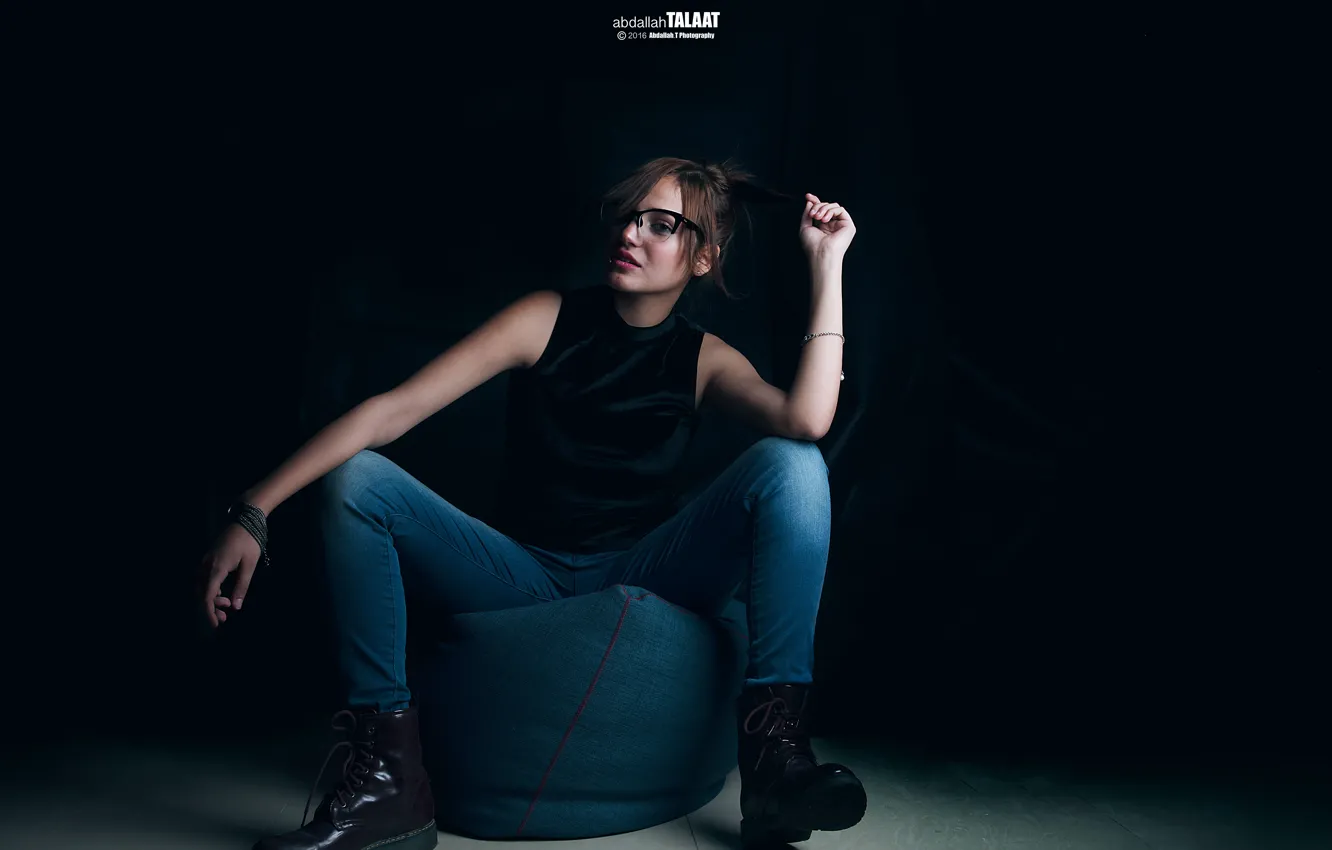 Photo wallpaper girl, pose, background, model, jeans, glasses, Blue Angel, sitting