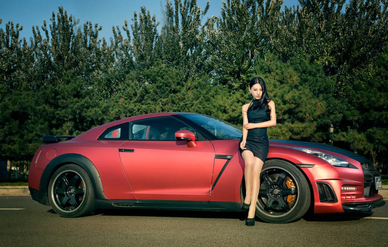 Photo wallpaper auto, look, girl, Nissan, Asian, beautiful girl, posing on the car