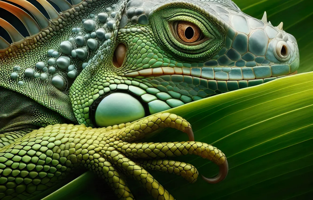 Photo wallpaper look, leaves, green, legs, lizard, iguana, reptile, AI art