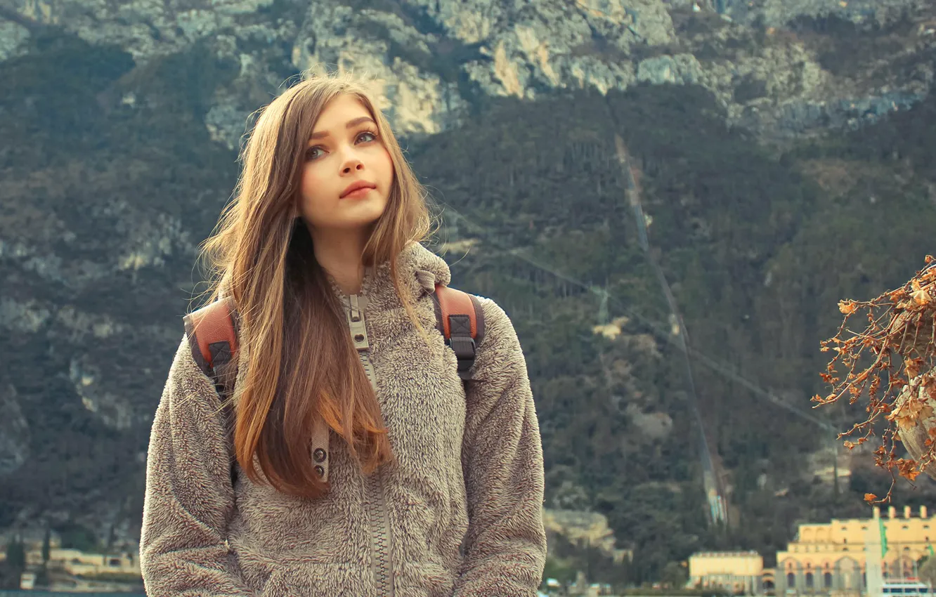 Photo wallpaper girl, landscape, nature, background, sweetheart, view, mountain, beautiful