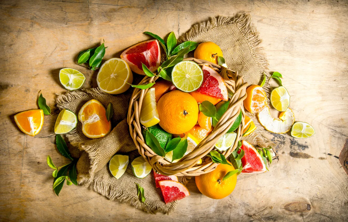 Photo wallpaper leaves, basket, oranges, lime, pieces, fruit, citrus, lemons