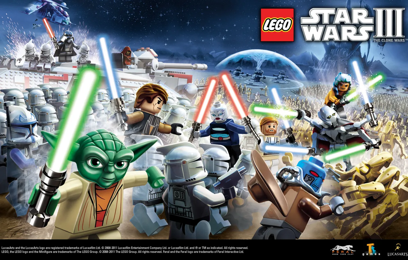 Photo wallpaper Star Wars, battle, yoda, lightsaber, artwork, figures, Obi-Wan Kenobi, LEGO Star Wars III