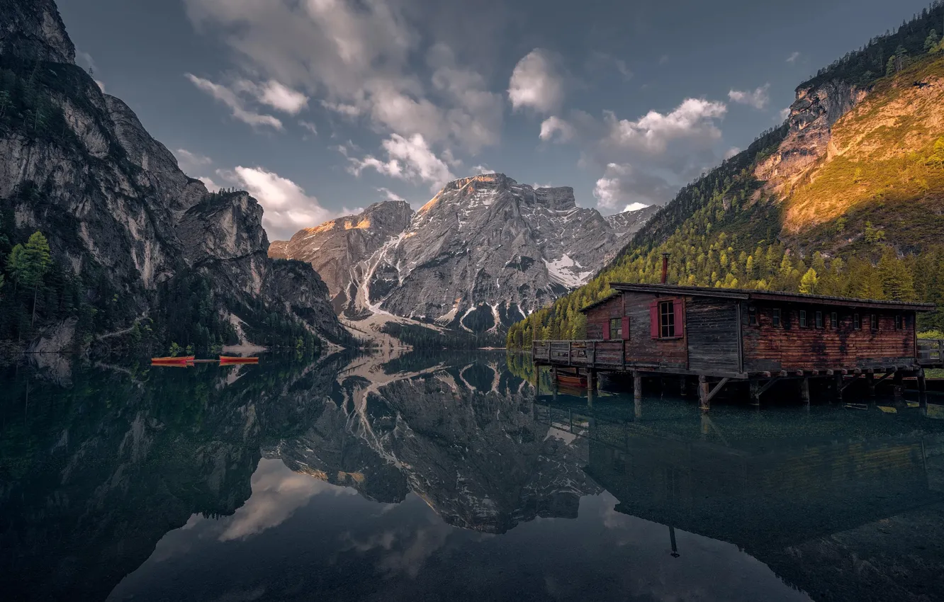 Photo wallpaper mountains, lake, boats, Germany, Alps, boat