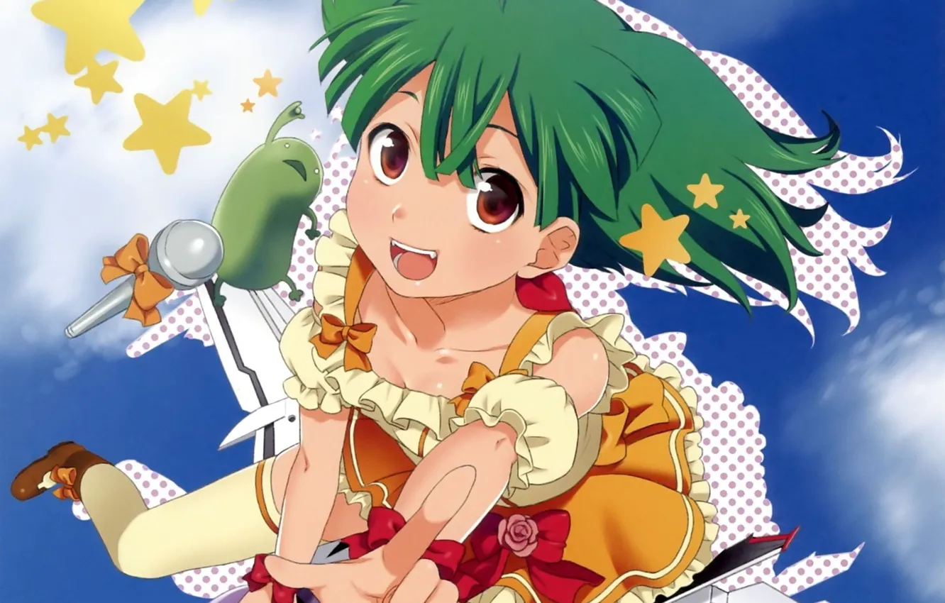 Photo wallpaper stars, green, hair, microphone, art, blue sky, Macross Frontier, Flies