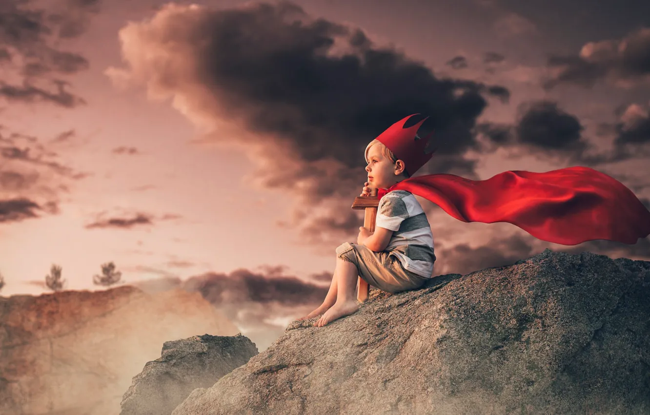 Photo wallpaper clouds, children, stones, sword, boy, crown, Prince