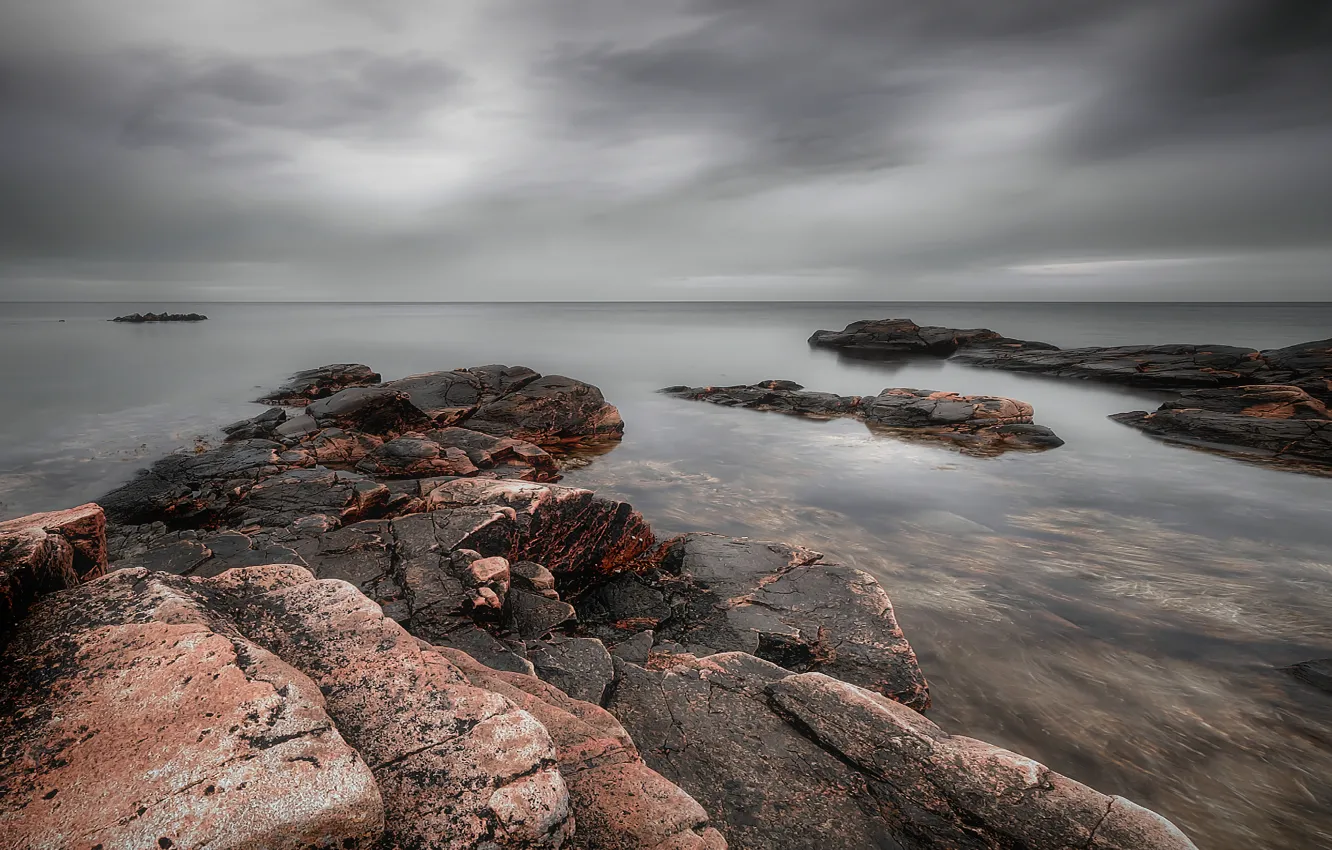 Photo wallpaper sea, the sky, clouds, stones, grey, the ocean, shore, coast