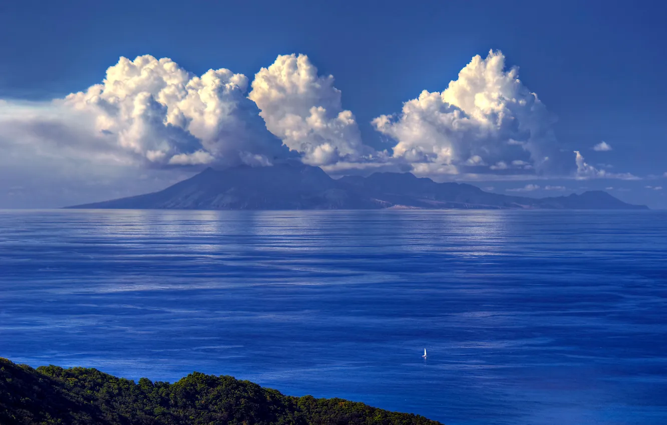 Photo wallpaper sea, the sky, clouds, mountains, sailboat