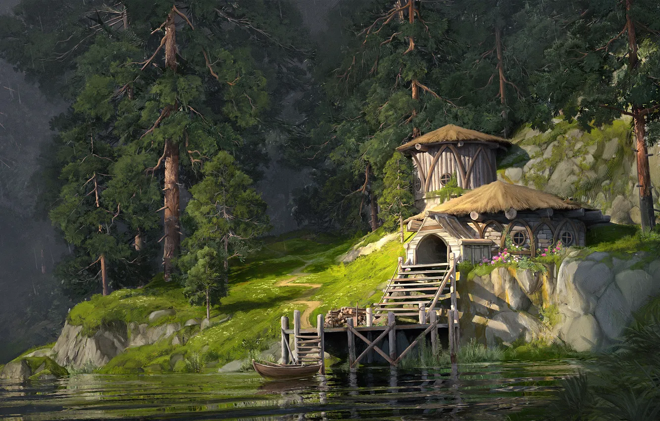 Photo wallpaper house, forest, trees, landscape, nature, water, digital art, artwork