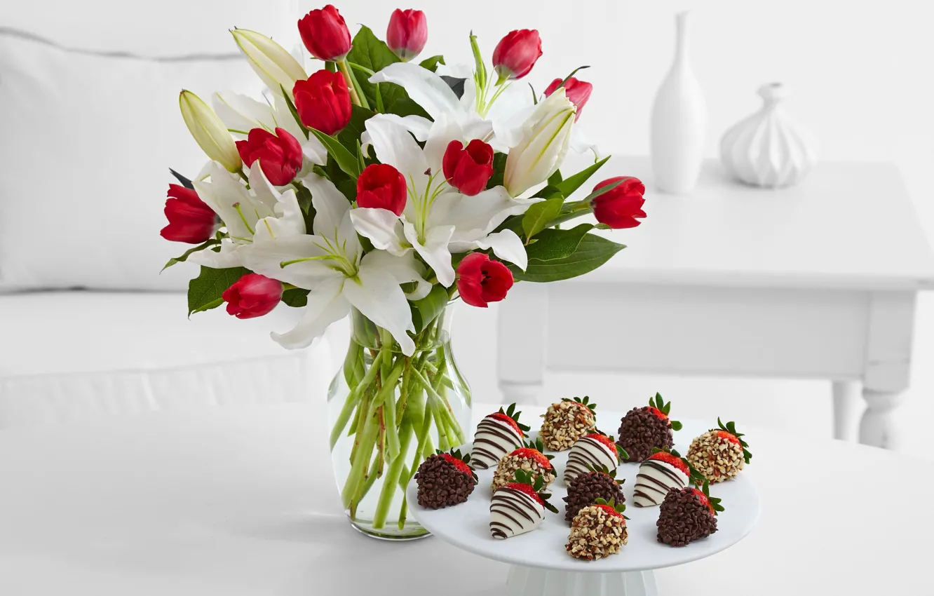 Photo wallpaper chocolate, bouquet, strawberry, plate, tulips, red, vase, nuts