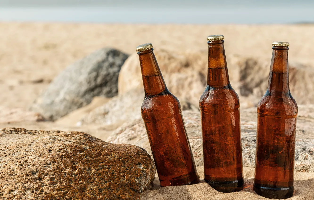 Photo wallpaper sand, sea, beach, the sun, stones, bottle, beer, wet