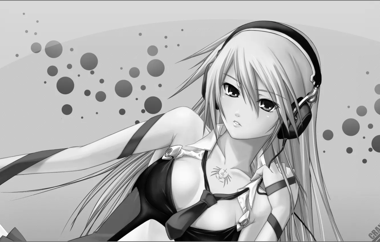 Photo wallpaper girl, anime, headphones, tie