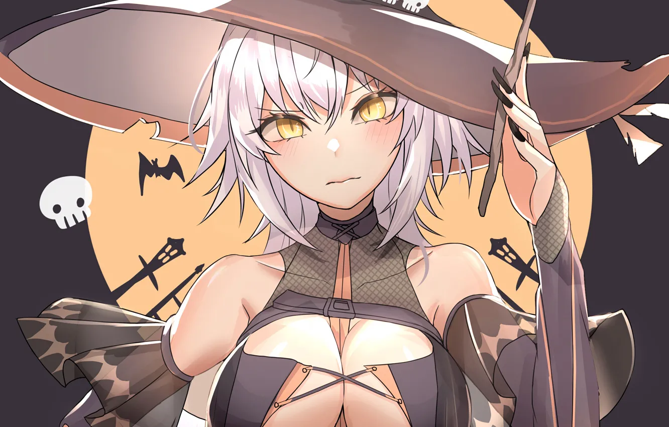 Photo wallpaper Halloween, girl, moon, sexy, cleavage, blouse, long hair, boobs