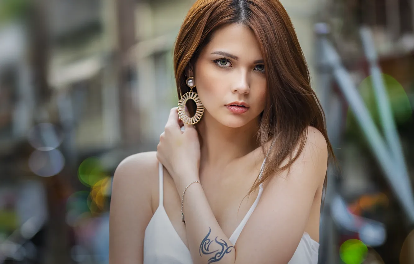 Photo wallpaper look, girl, makeup, Mike, tattoo, brown hair, bokeh, Arnie Chou