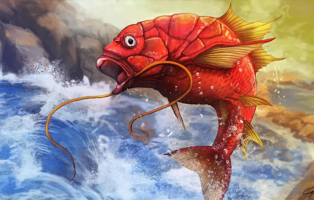 Photo wallpaper mustache, squirt, waterfall, fish, art, red, pokemon, Magikarp