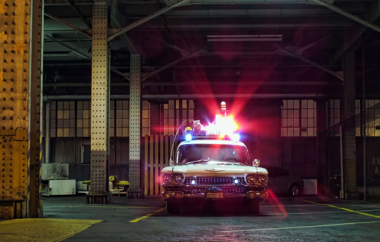 Photo wallpaper Cadillac, garage, Ghostbusters, Cadillac, Ghostbusters, ECTO-1, flashers, miller meteor