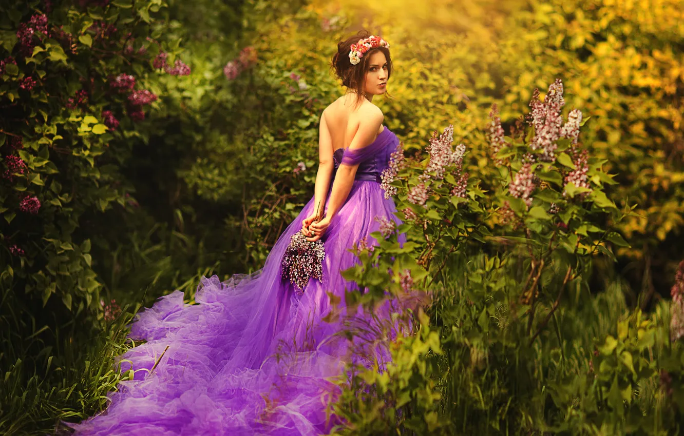 Photo wallpaper girl, flowers, garden, dress, hairstyle, brown hair, walk