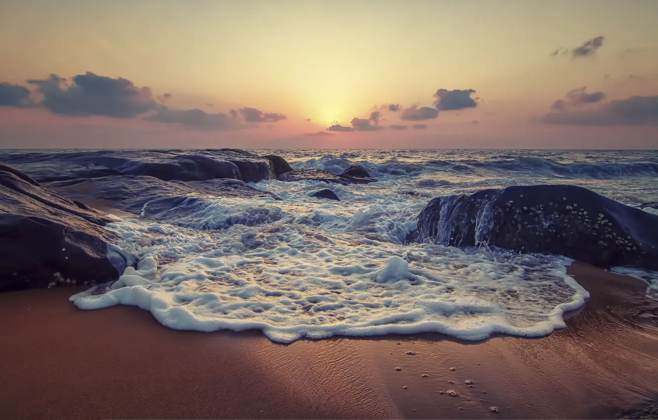 Photo wallpaper wave, beach, the sky, the sun, clouds, sunset, rocks, horizon