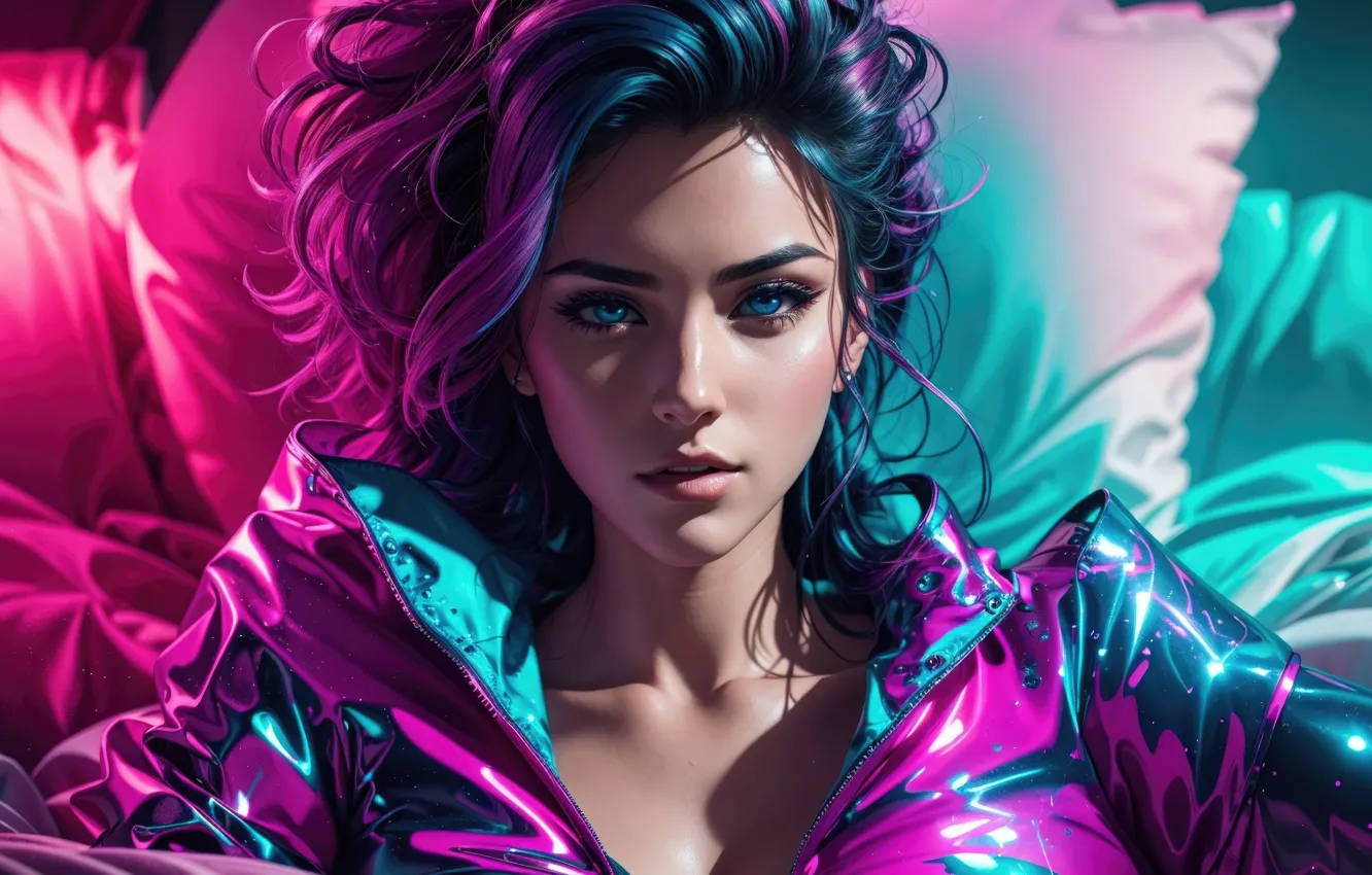 Photo wallpaper portrait, neon, the view from the top, charm, digital art, digital art, beautiful brunette, Cyberpunk