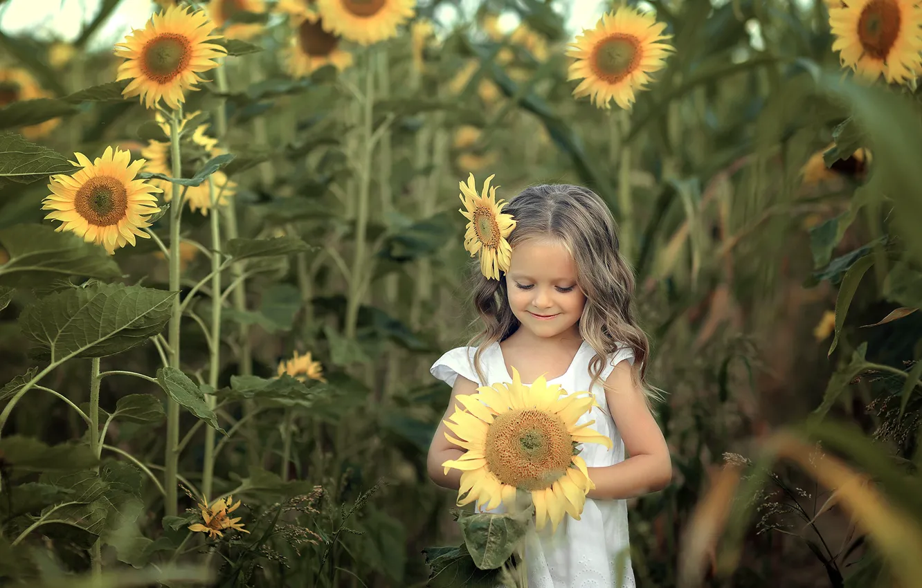 Photo wallpaper sunflowers, smile, girl