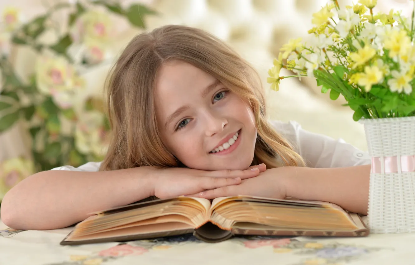 Photo wallpaper Book, Smile, Children, Face, Hair, Girl, Rus