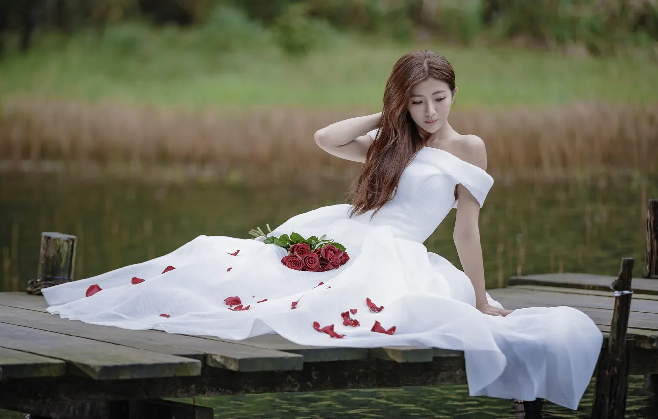 Photo wallpaper girl, bridge, lake, roses