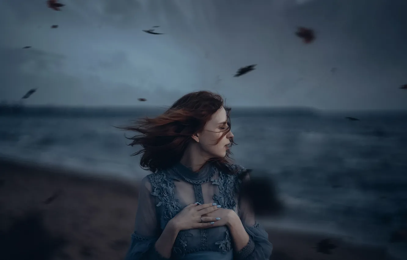 Photo wallpaper girl, storm, the wind, shore, Alexander Shark