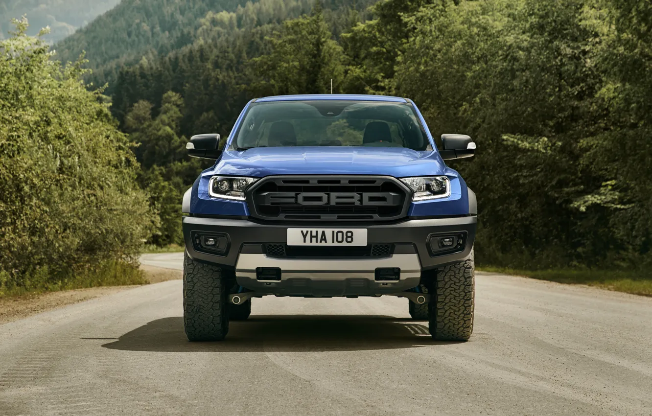 Photo wallpaper blue, Ford, front view, Raptor, pickup, primer, 2018, Ranger