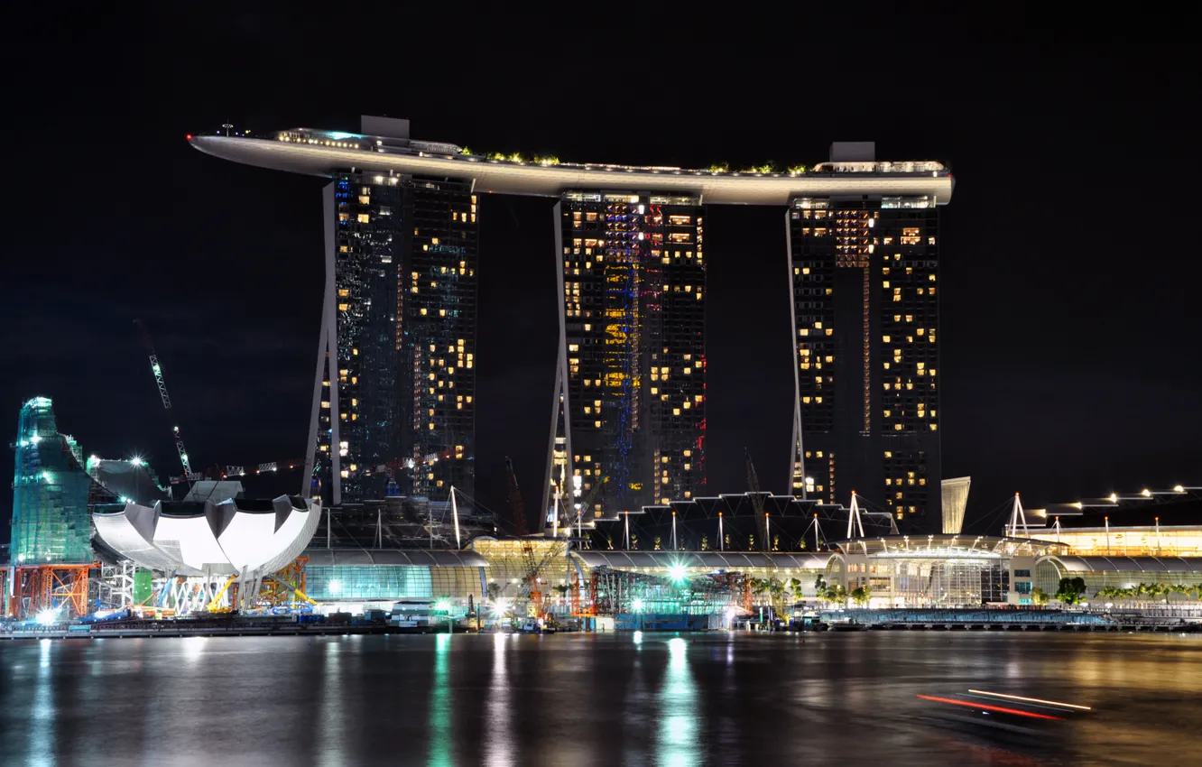Photo wallpaper sea, night, the city, lights, the hotel, Doc, Singapore