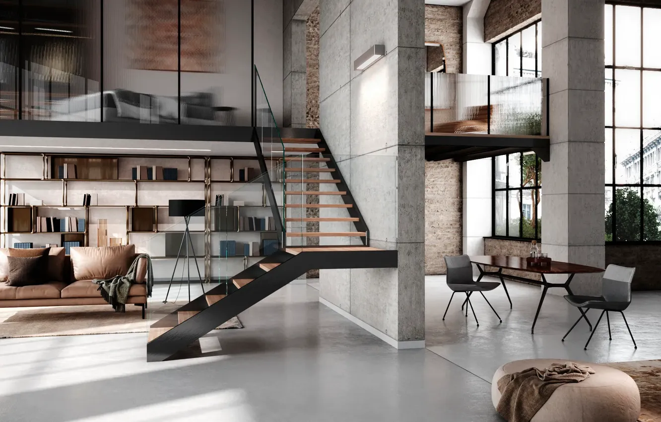 Photo wallpaper design, style, Villa, interior, living room, dining room, two levels