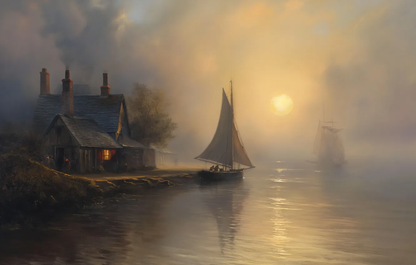 Photo wallpaper fog, dawn, shore, boat, home, sailboat, morning, house