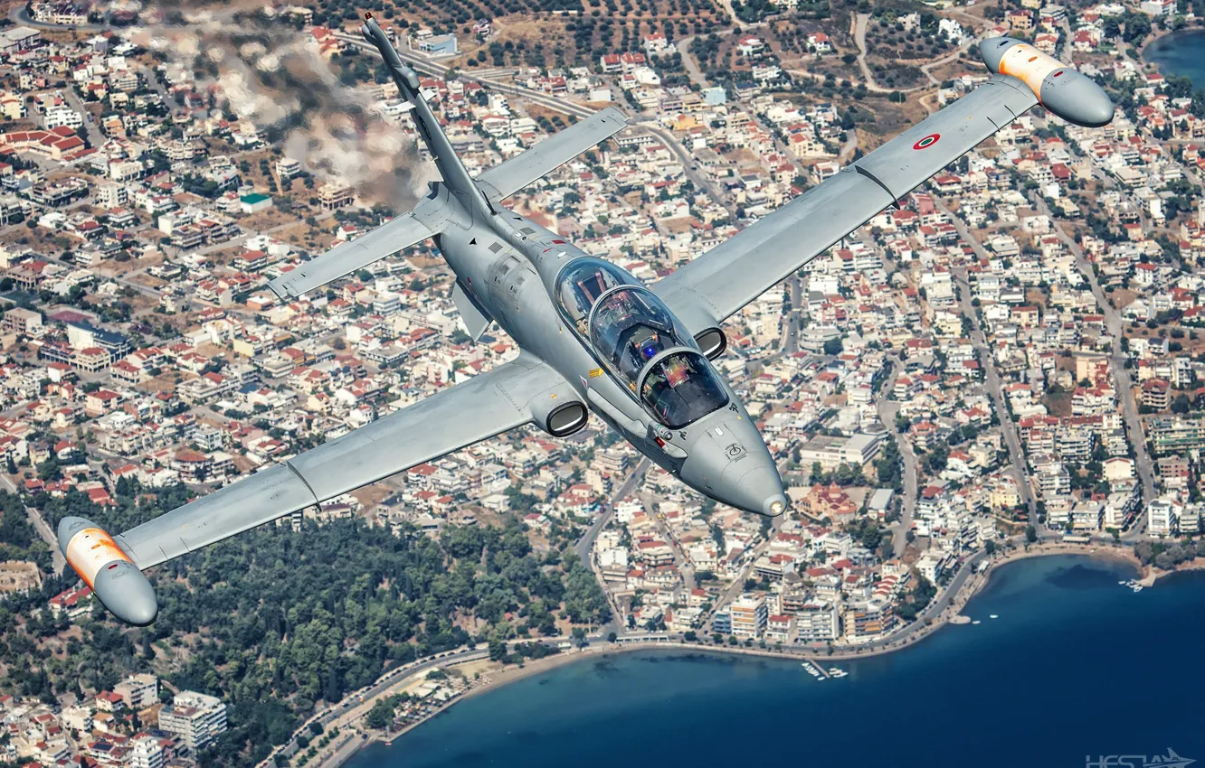 Photo wallpaper sea, shore, the plane, Italian Air Force, The Italian air force, Cockpit, Aermacchi MB-339