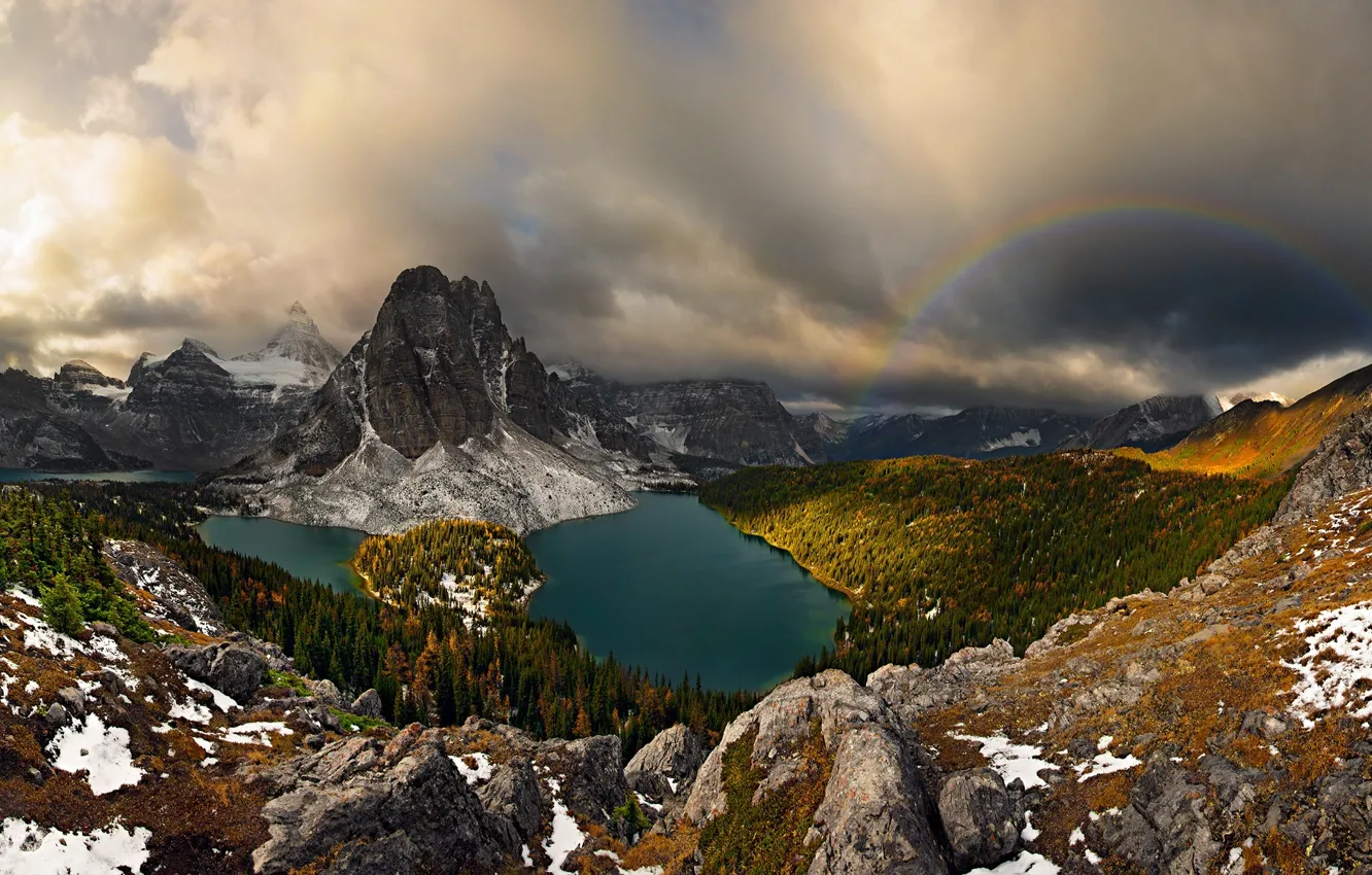 Photo wallpaper autumn, forest, clouds, mountains, clouds, lake, rainbow, Canada