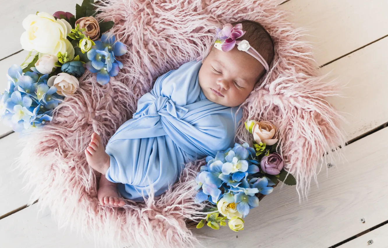 Photo wallpaper flowers, sleep, sleeping, girl, basket, baby