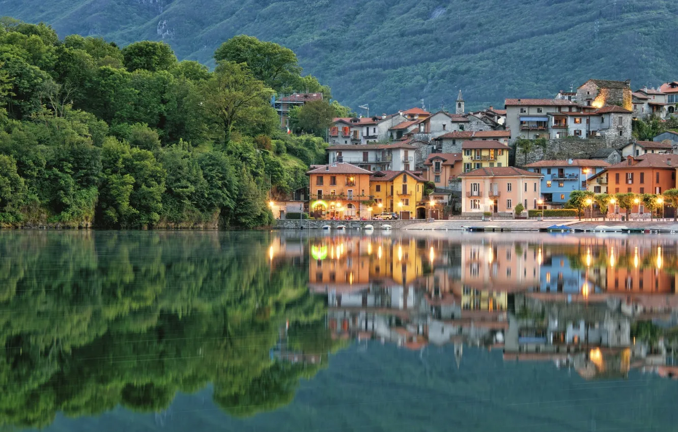 Photo wallpaper lake, reflection, building, Italy, promenade, Italy, Piedmont, Lake Mergozzo