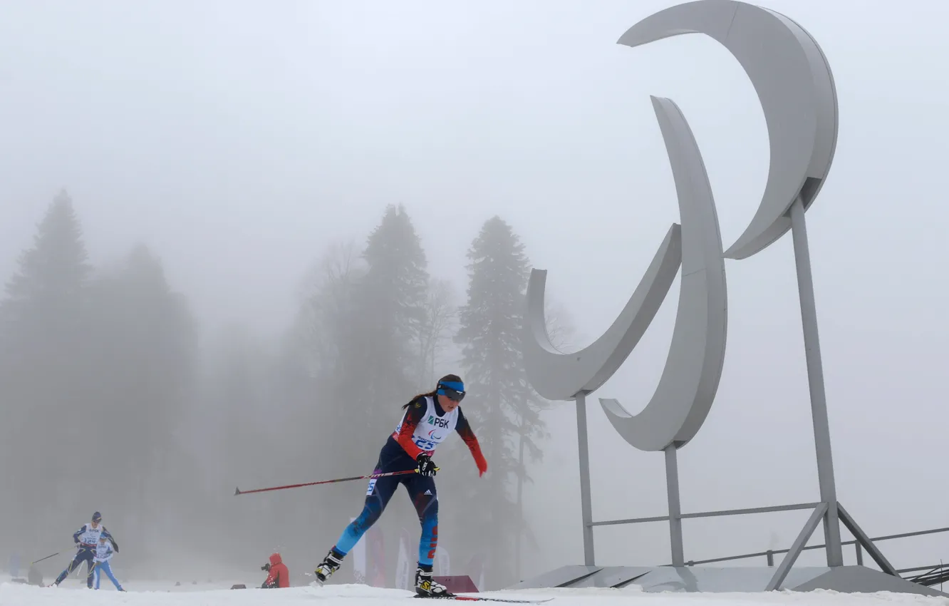 Photo wallpaper winter, women, snow, biathlon, standing, Sochi 2014, Sochi 2014, ski race