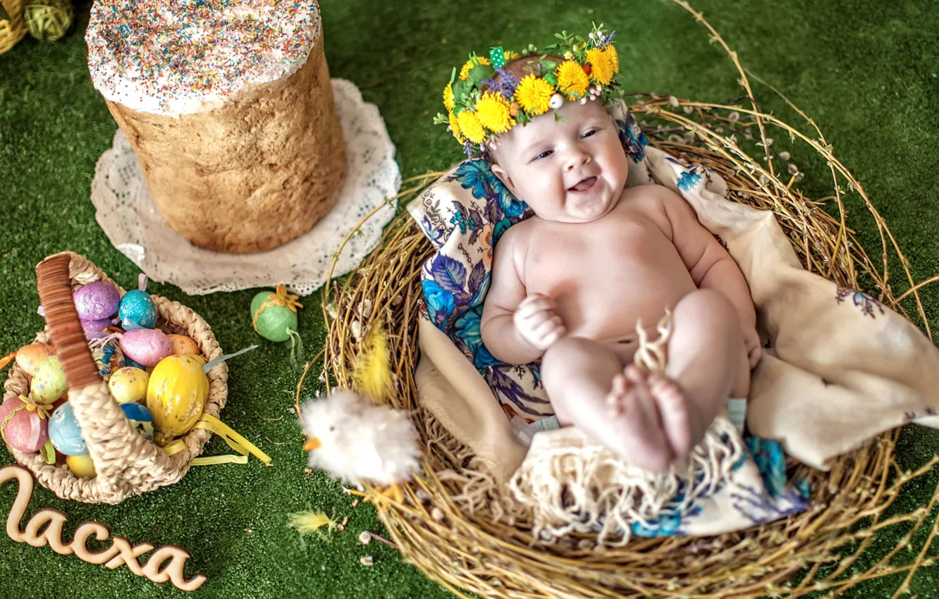 Photo wallpaper joy, laughter, baby, Easter, socket, wreath, cake, baby