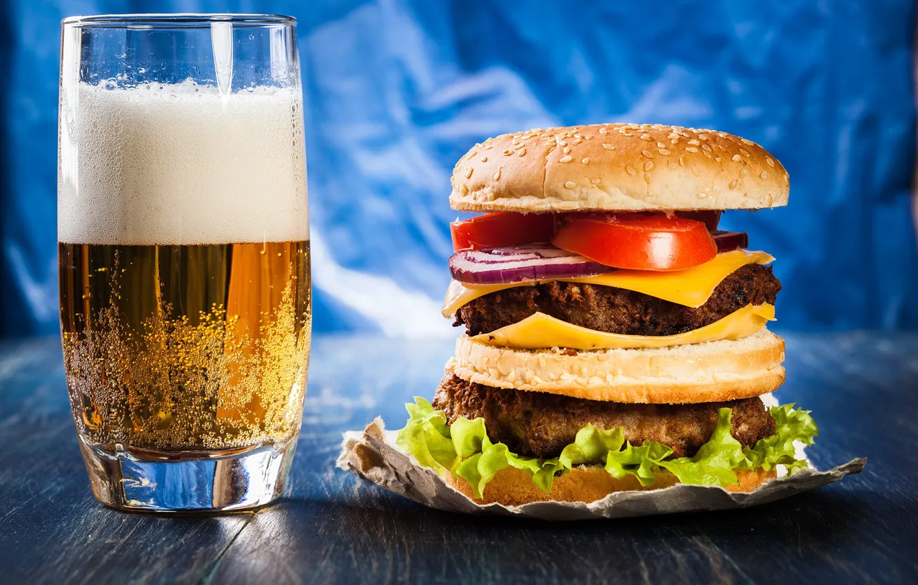 Photo wallpaper beer, cheese, hamburger, Patty