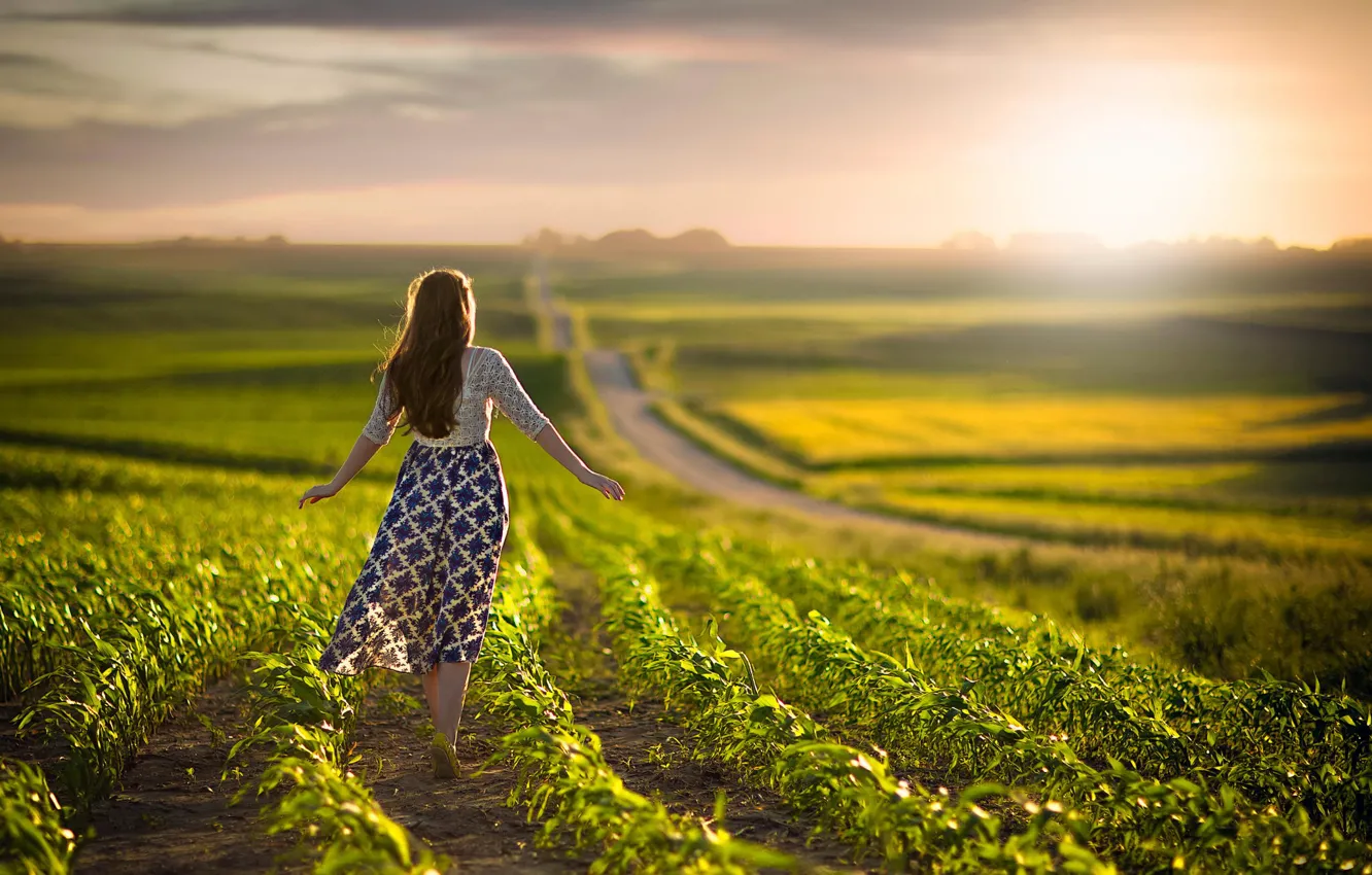 Photo wallpaper field, girl, skirt, space, bokeh