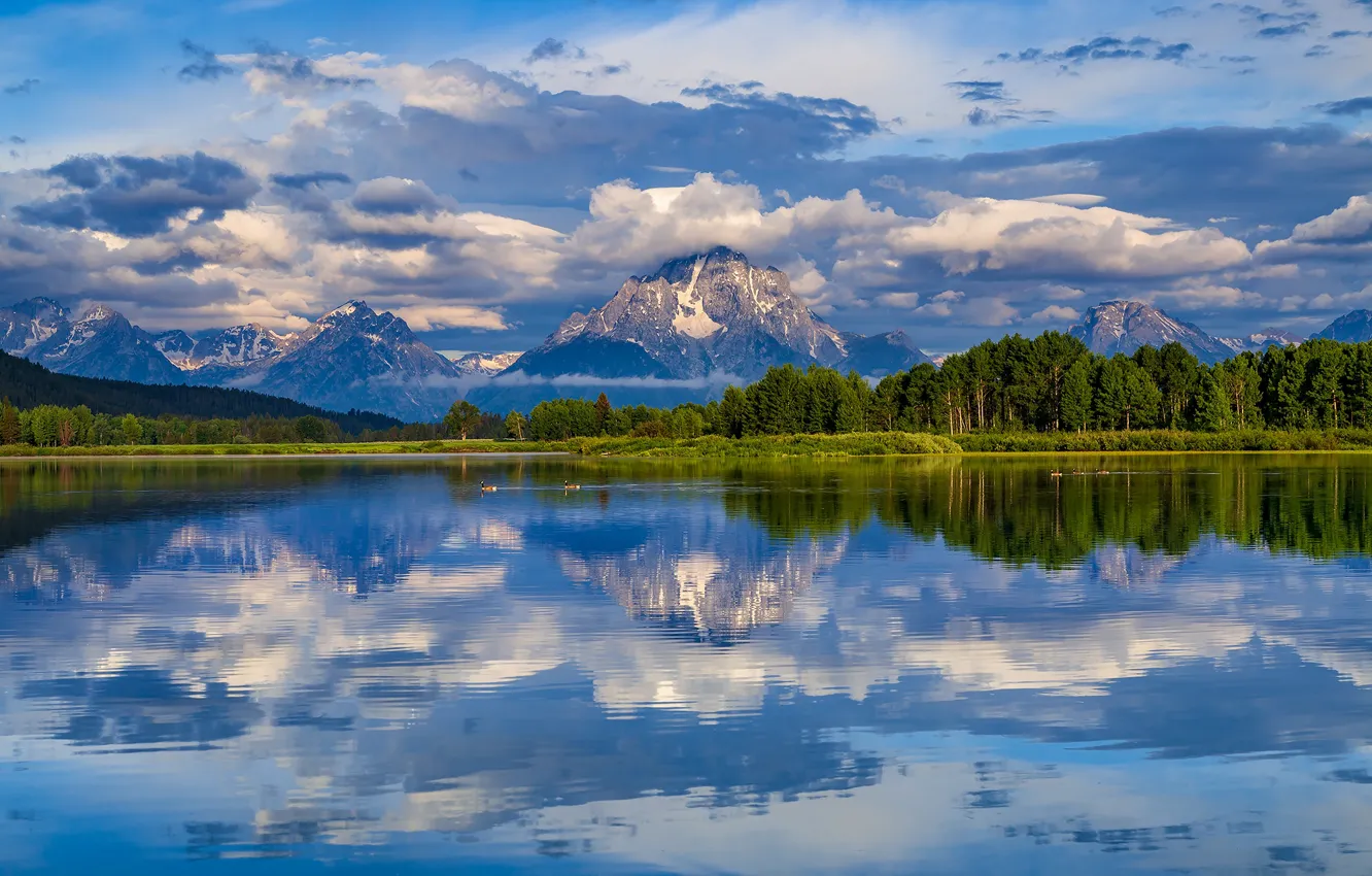 Photo wallpaper forest, clouds, trees, mountains, reflection, river, Wyoming, Wyoming