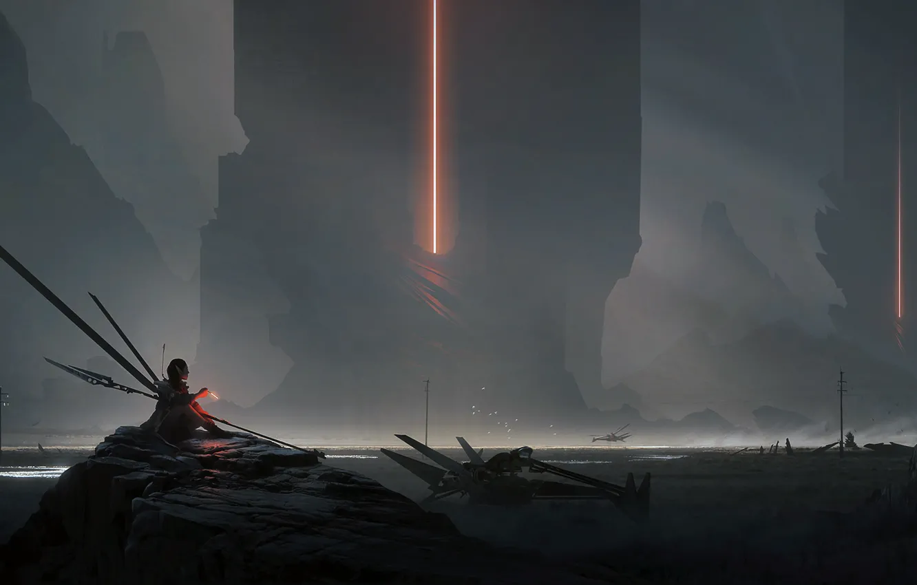 Photo wallpaper lights, fantasy, landscape, rocks, Future, elf, artwork, warrior