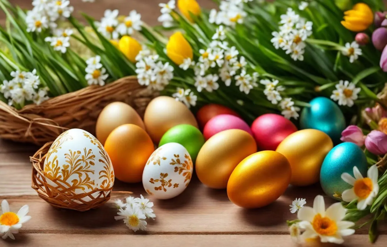 Photo wallpaper flowers, eggs, spring, colorful, Easter, flowers, spring, Easter