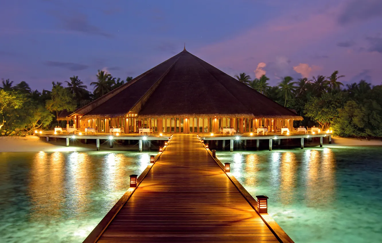 Photo wallpaper palm trees, the ocean, the evening, pier, resort, Bungalow