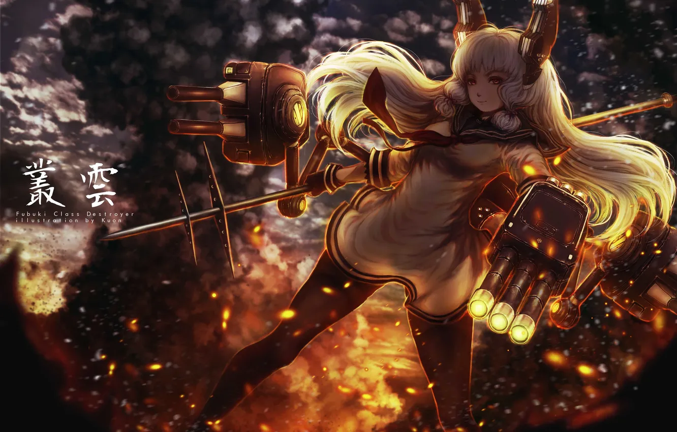 Photo wallpaper girl, weapons, smoke, anime, art, kantai collection, murakumo destroyer, kwonchanji