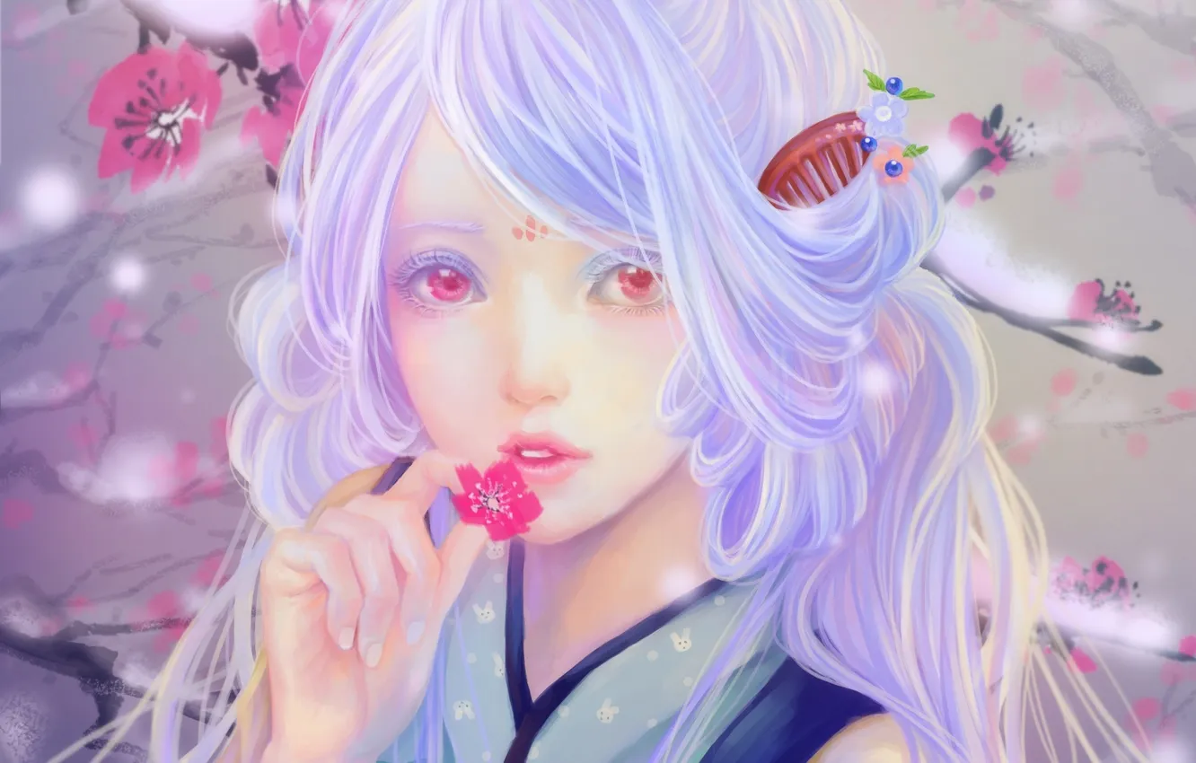 Photo wallpaper girl, flowers, branch, anime, Sakura, art, sunmomo