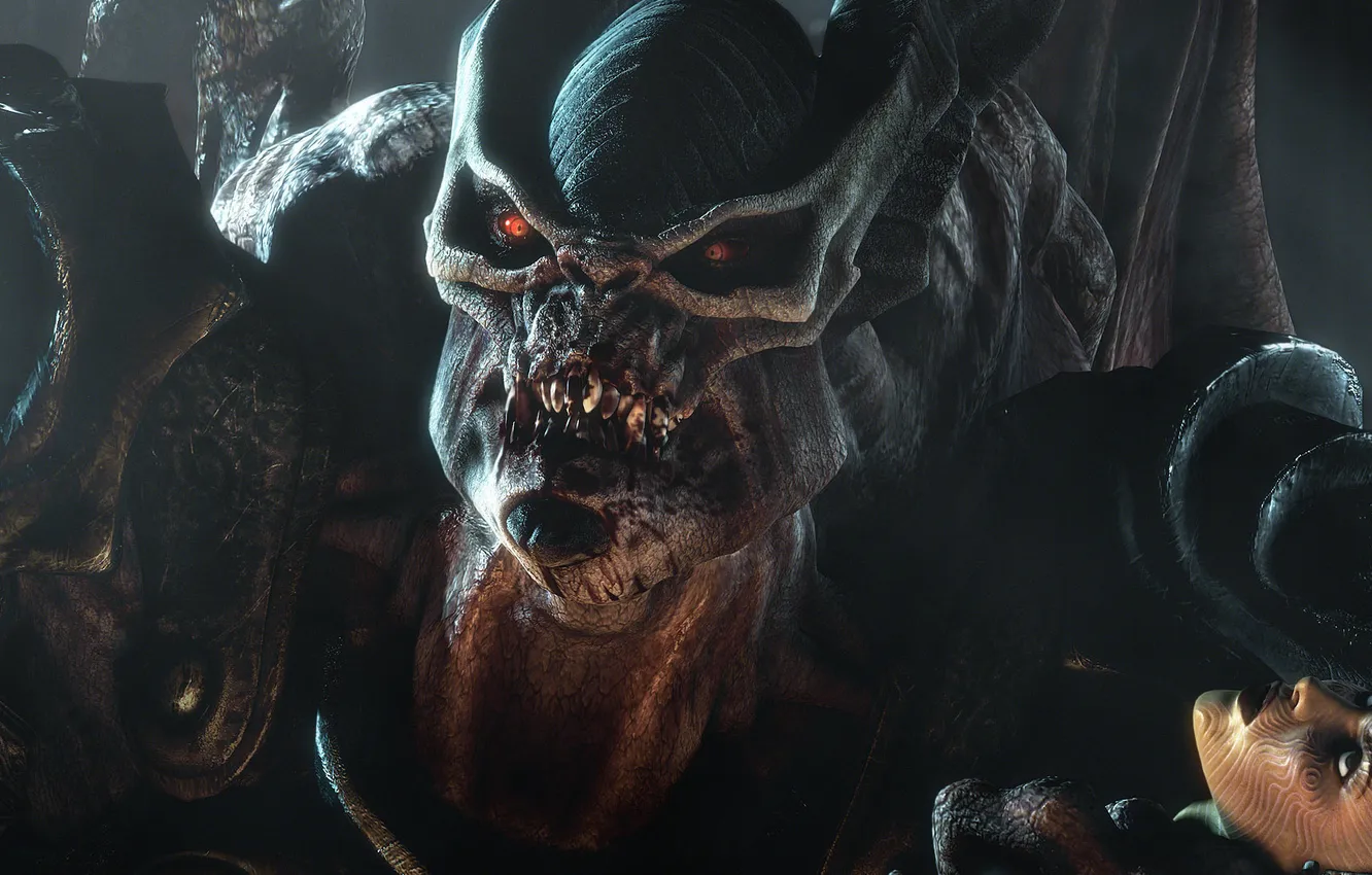 Photo wallpaper look, girl, face, stones, teeth, monster