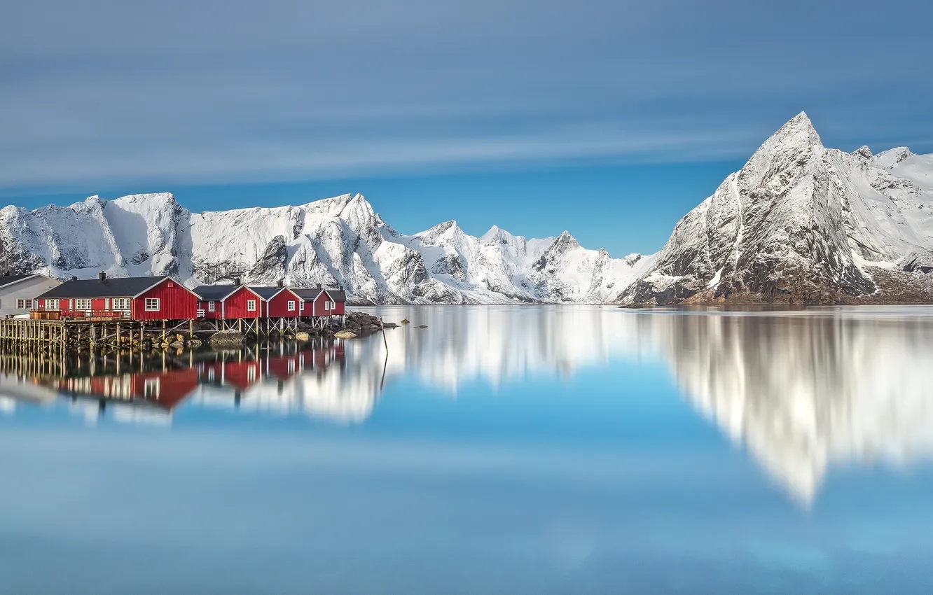 Photo wallpaper the sky, snow, landscape, mountains, shore, coast, home, Norway